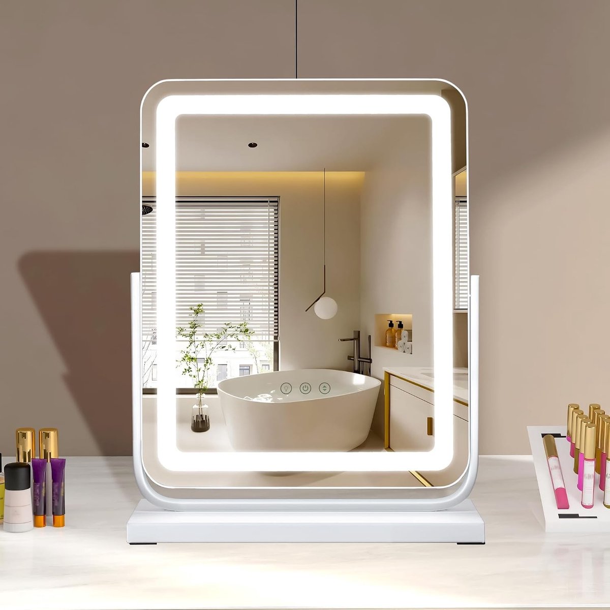 Hollywood Tafelspiegel - Wit - 40 x 47 cm - LED Make-upspiegel met Draaifunctie en Touch-bediening - Voor Make-up en Styling