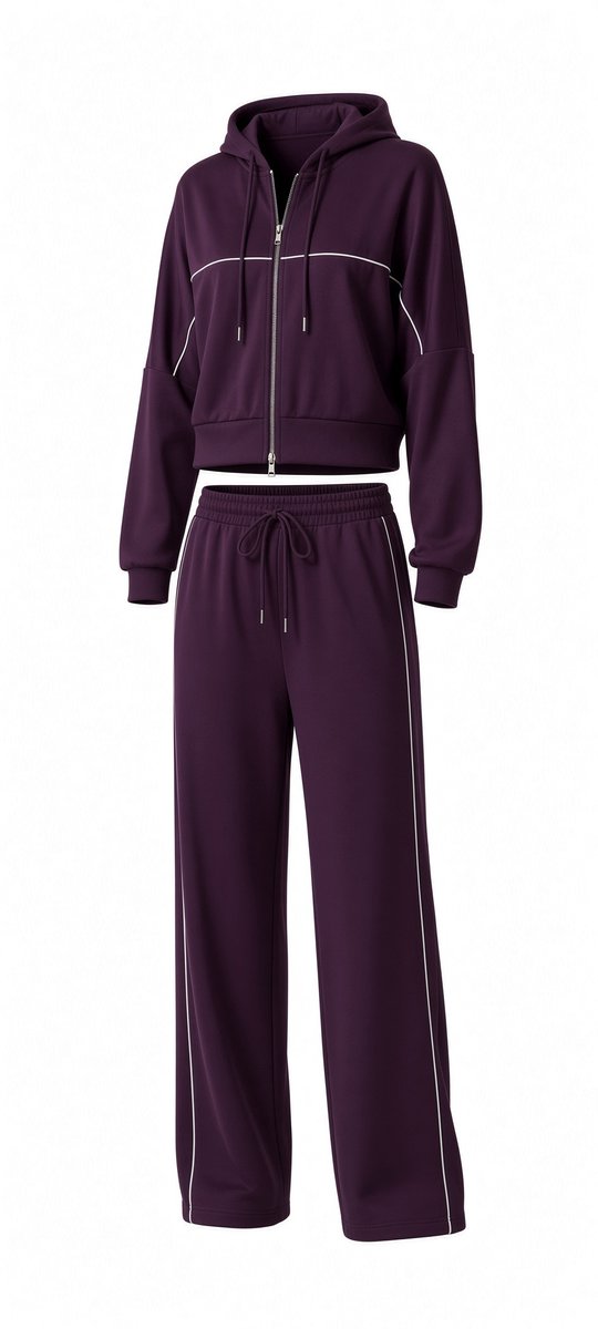 Wide leg huispak dames - Cropped hoodie - Aubergine - Maat 42/44
