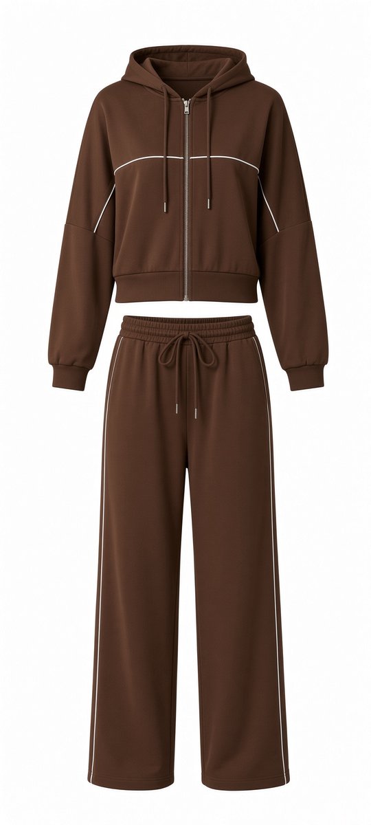 Wide leg huispak dames - Cropped hoodie - Bruin - Maat 38/40