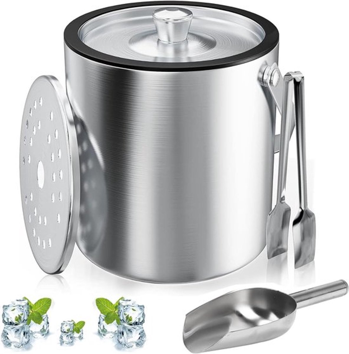 Ronde IJsblokjesvorm met Zeef en IJs Tool - 2 Liter IJsblokjes Houder - Roestvrij Staal - IJs Emmer met Lepel - IJsblokjes Koeler voor Bar - Koelen Bier - Champagne - Wijn