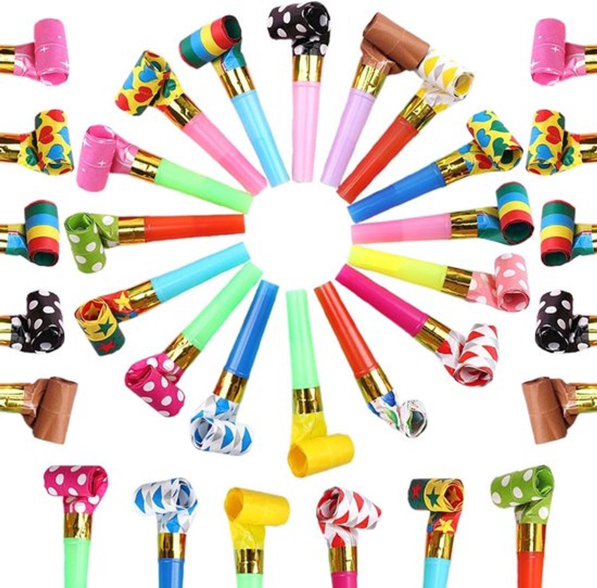 Set van 40 feesttoeters in meerdere kleuren, kleurrijke hoorns, geluidfluitjes, ideaal voor verjaardagsfeesten, feesten, Kerstmis en Halloween.