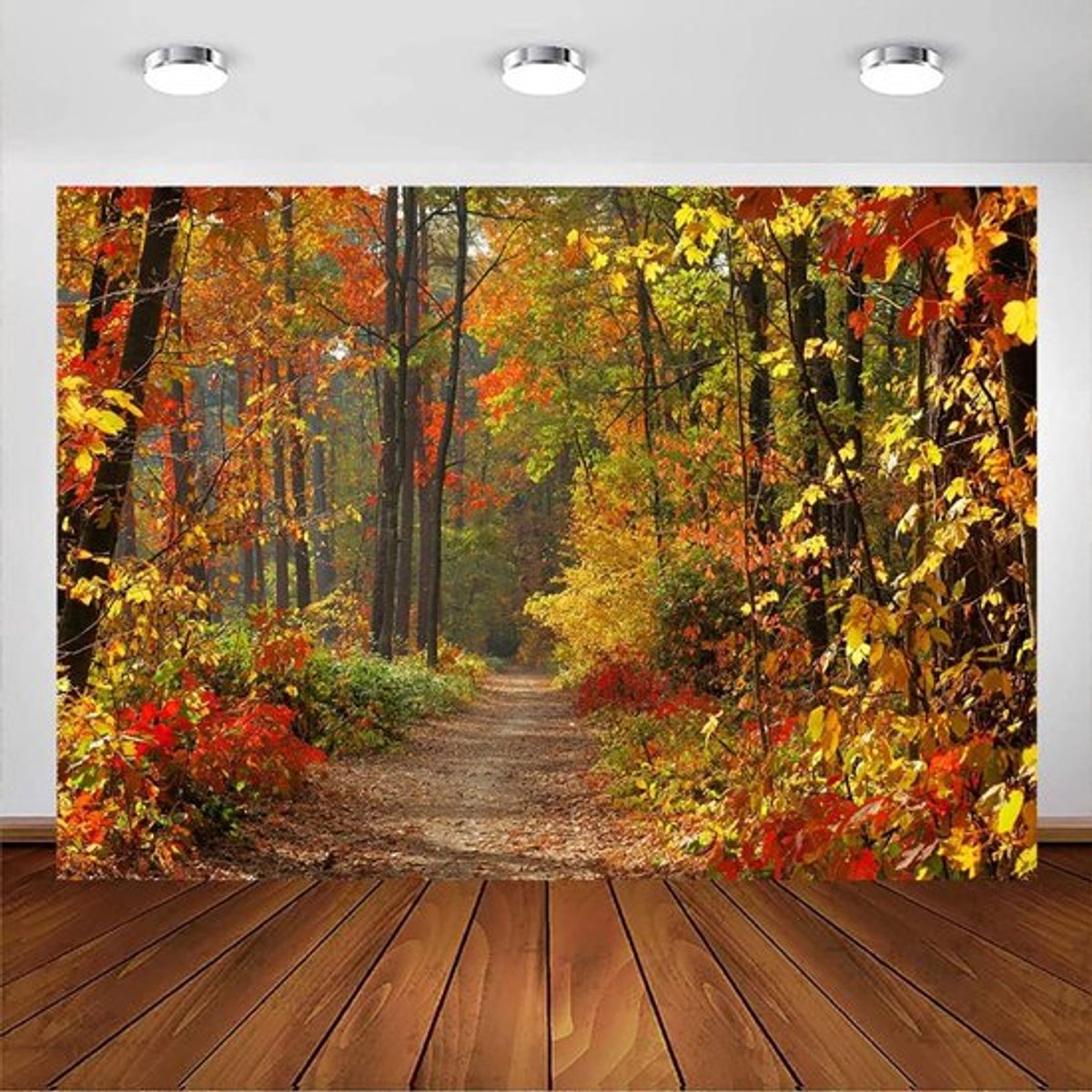 Herfstlandschap - Loofboomachtergrond - Loofbos-wandelpad - Natuurlandschap - Ree en Gele Herfstbladeren - Uitzichtachtergrond - Feestdecoratie - Banner - Portretfotobooth-accessoires (7,1 x 5ft)