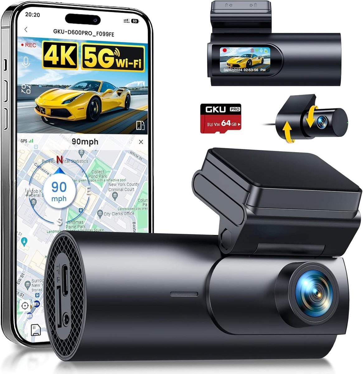 Dashcam Voor en Achter – 4K + 1080P – GPS & 5GHz WiFi – Nachtzicht – Inclusief 64GB SD-Kaart