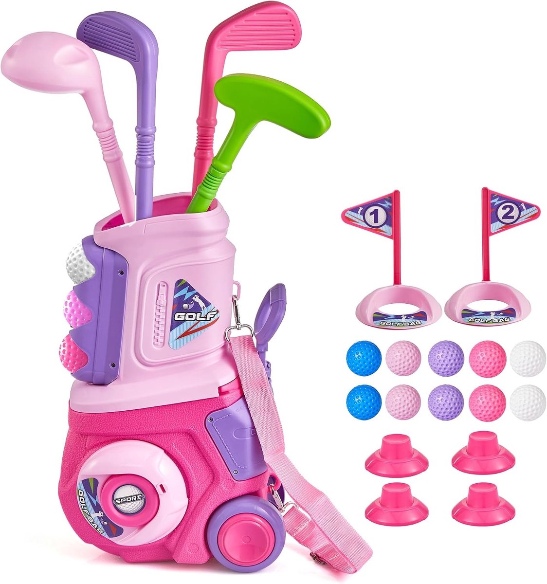 Roze Golfset kinderen -Speelgoed golfset voor peuters van 1, 2, 3 en 4 jaar | Verbeterde golfkar met schouderriem, geschikt voor binnen- en buitensporten
