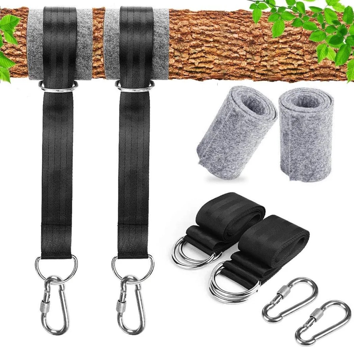Schommelbevestiging, hangmatbevestiging, Geschikt voor bomen, 2 x 150 cm, Geschikt voor 2 stevige karabiners en D-ringen, inclusief opbergtas en boombeschermingsmat.