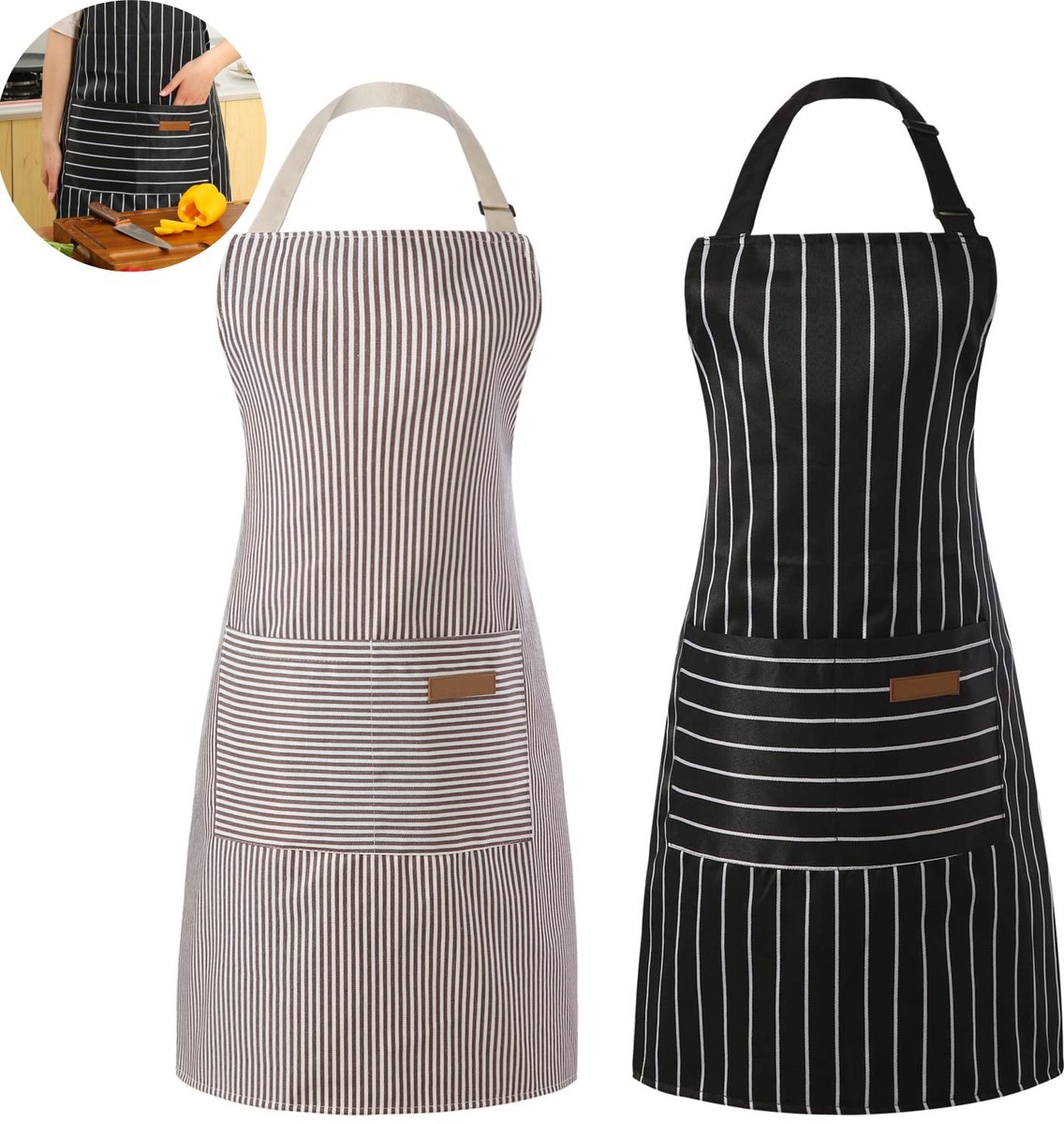 2 stuks - keukenschort met strepen - kookschort - vlekbestendig, geweven streepdessin - voor thuis koken en barbecue - zwart dik streep, bruin dun streep