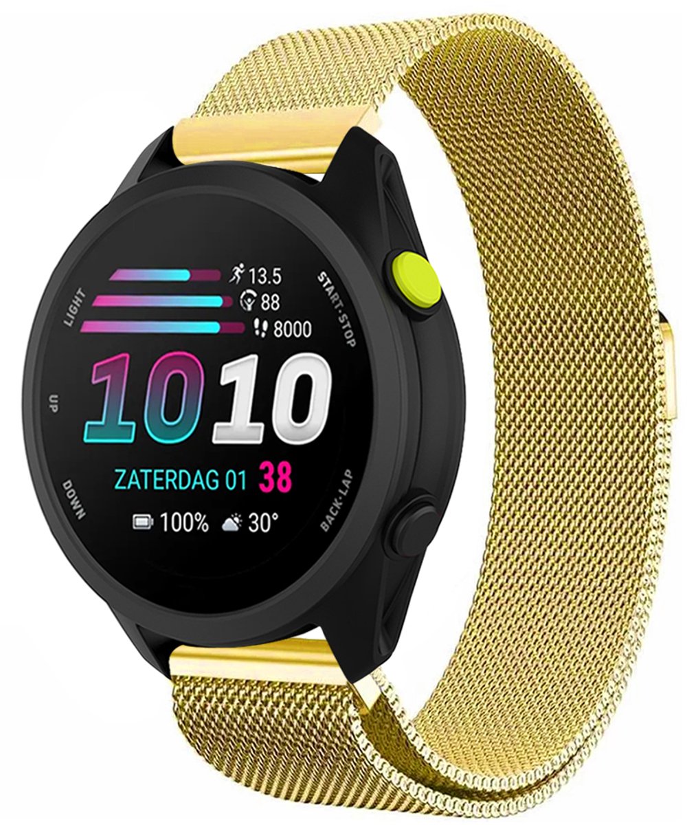 Stravo Milanees Bandje – Geschikt voor Garmin Forerunner 70 / 170 / 55 / 165 / 245, Vivoactive 6 / 5 / 3, Venu SQ 2 – Metalen Milanese Horlogebandje – Goud