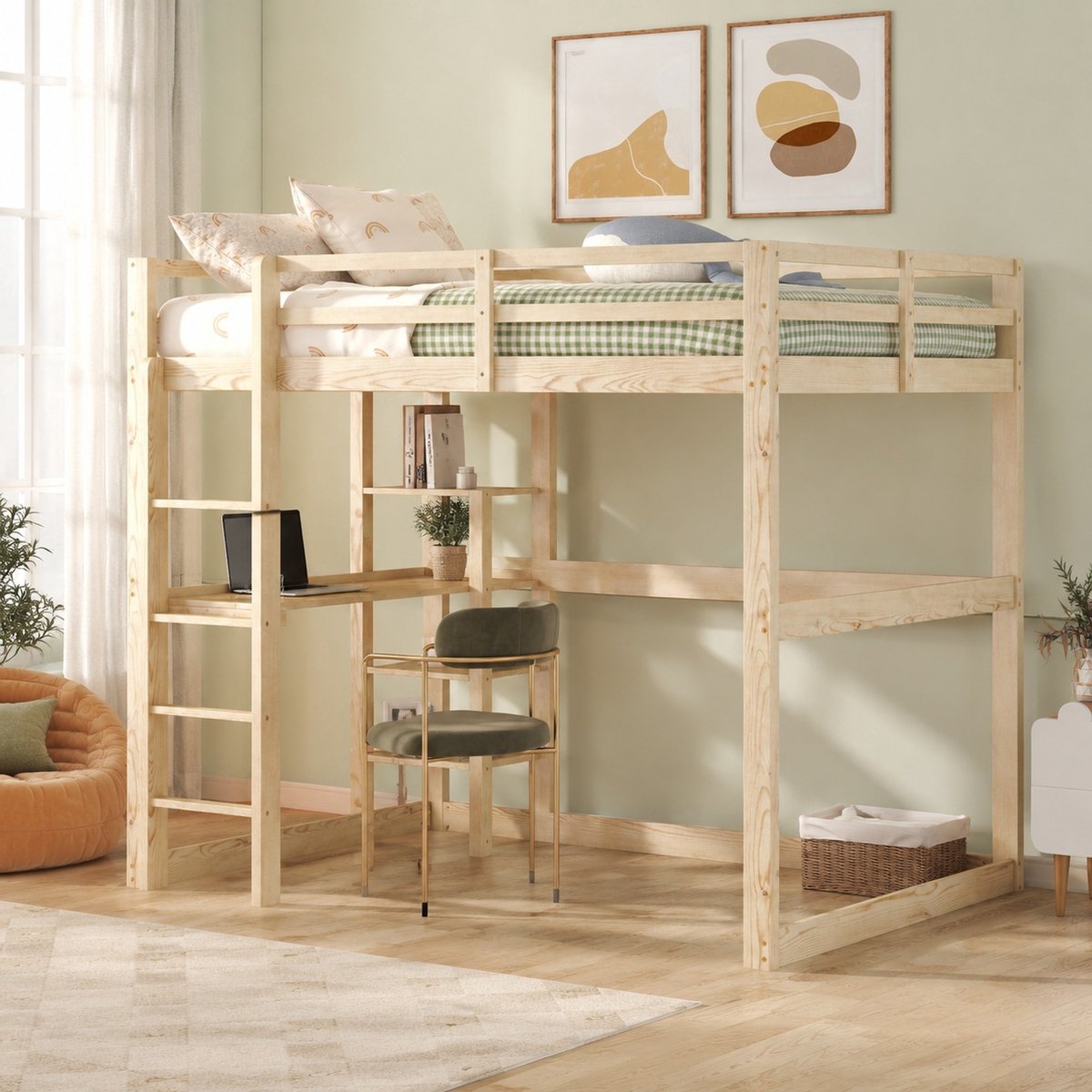 COVREO Hoogslaper 140x200 cm naturel, hout en MDF, bureau en opbergruimte