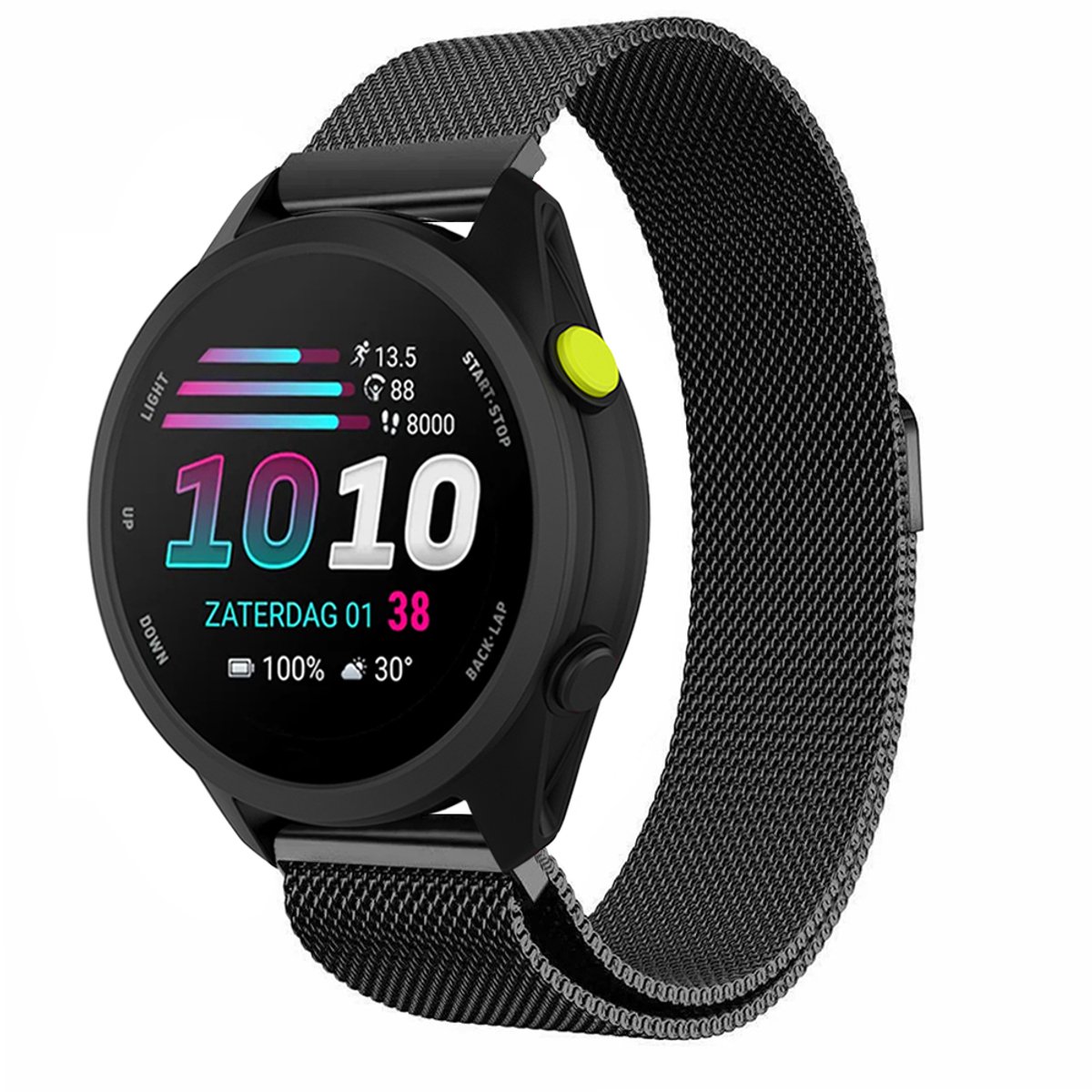 Stravo Milanees Bandje – Geschikt voor Garmin Forerunner 70 / 170 / 55 / 165 / 245, Vivoactive 6 / 5 / 3, Venu SQ 2 – Metalen Milanese Horlogebandje – Zwart