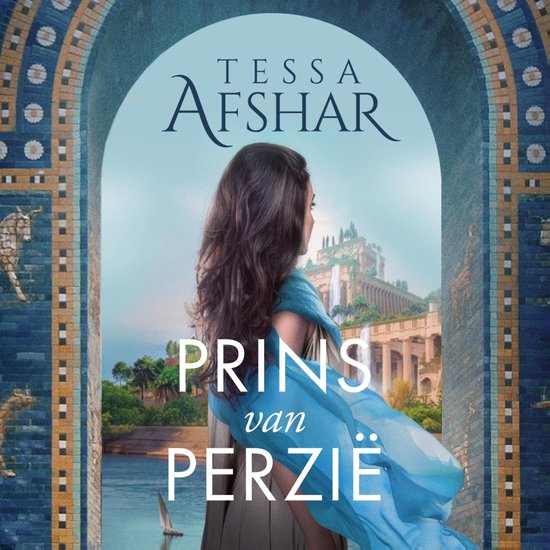 Une femme aux longs cheveux sombres et portant un foulard bleu regarde une oasis avec un bateau.