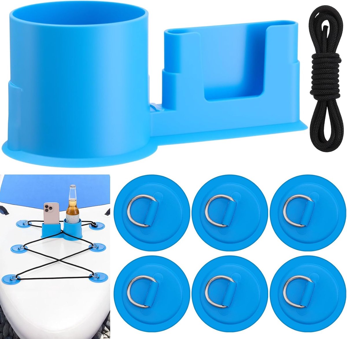 KZQ 2-in-1 bekerhouder voor paddleboards – Inclusief 6 pvc-D-ringen en een elastisch bungee-koord van 2,5 m – Bekerhouder en telefoonhouder voor paddleboards en surfboards – Ook te gebruiken om visuitrusting vast te zetten.