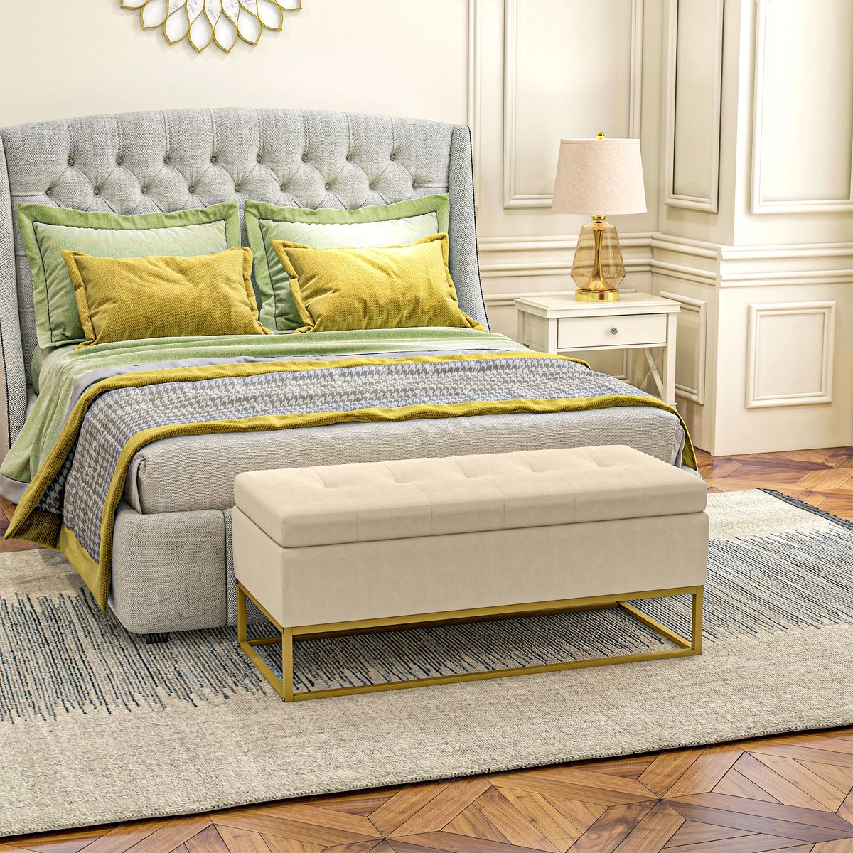 MIVRAY Zitbank – Met Opbergruimte En Klapdeksel – 110 x 44 x 49 cm – Polyester En Staal – Beige – Voor Hal Woonkamer Of Slaapkamer