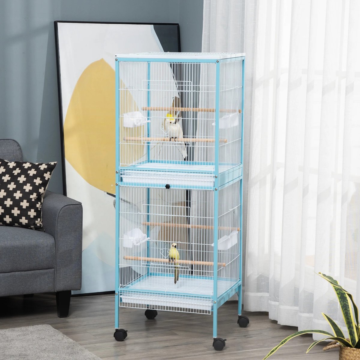Chelsey-store - Vogelkooi - Vogelkooien - Vogelkooi met Standaard - Parkietenkooi - Op Wieltjes - Geschikt voor 4 vogels - Met uitschuifbare schoonmaaklade - Geschikt voor Binnen en Buiten - 51,5 × 50 × 140 cm - Blauw
