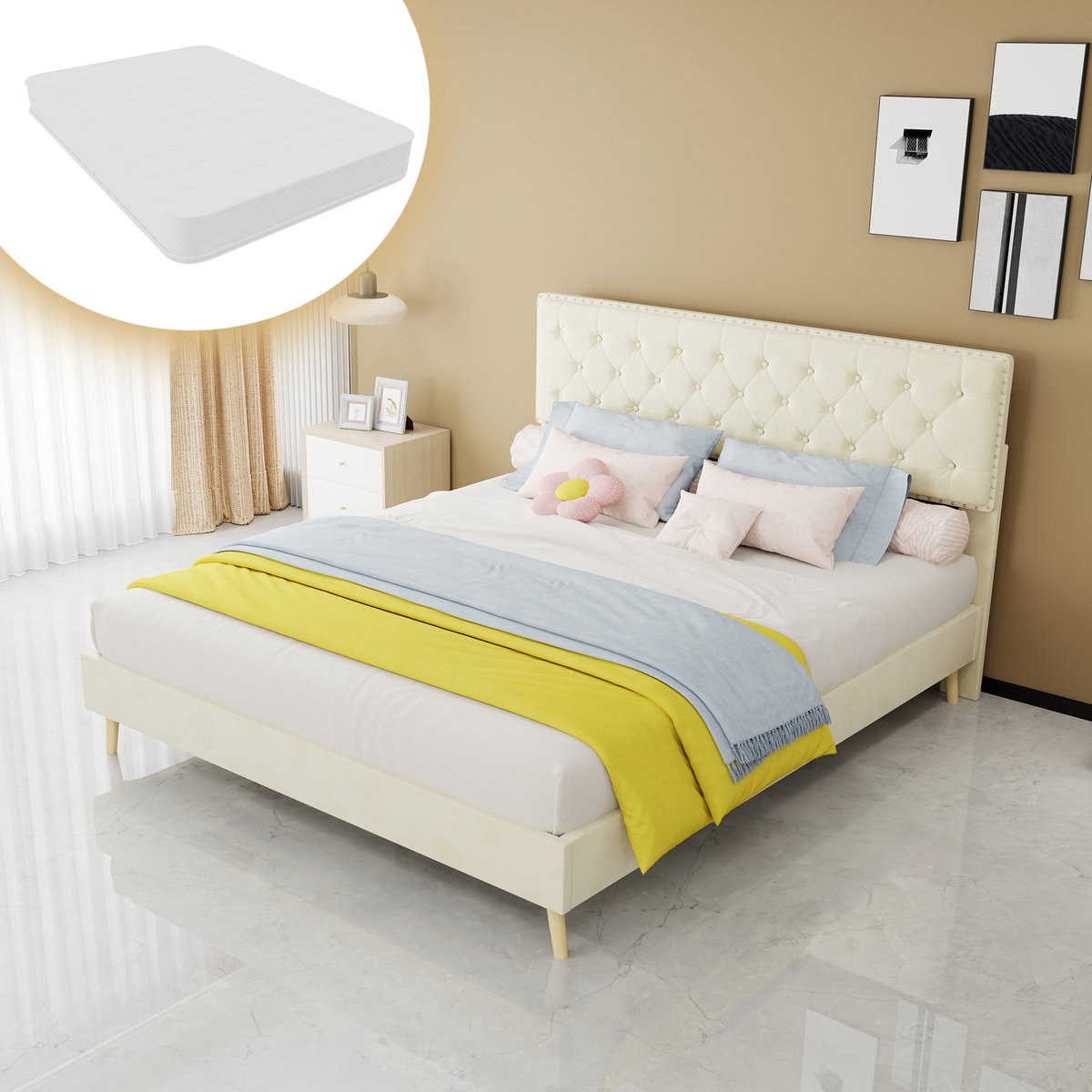 COVREO Bed 160x200 cm beige stof, met matras en hoofdbord, houten latten