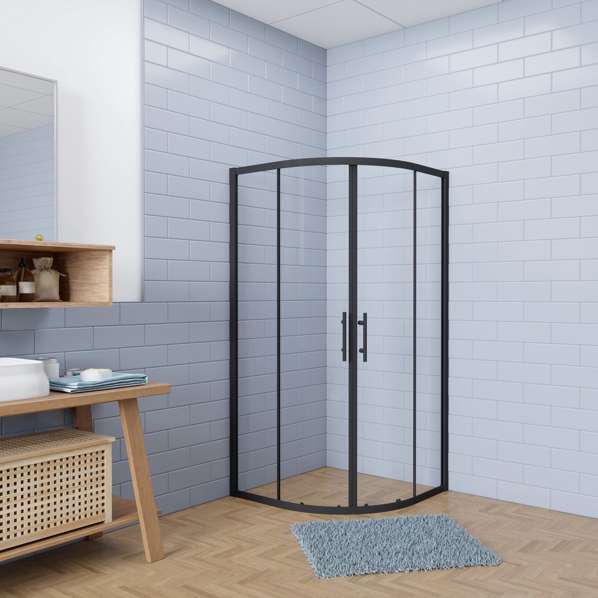 Aica Eenvoudig te monteren kwartronde Douchecabine 90x90x185cm hoekinstap met schuifdeuren - 6mm gehard veiligheidsglas - mat zwarte aluminium Profiel