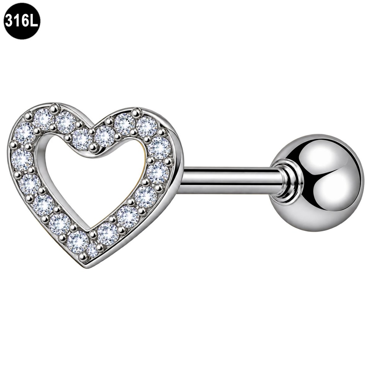 Helix Piercing - Hartje met Steentjes – 316L Chirurgisch Staal – Zilverkleurig – 1.2 x 6 mm – Tragus Piercing – Oorpiercing - Kraakbeenpiercing