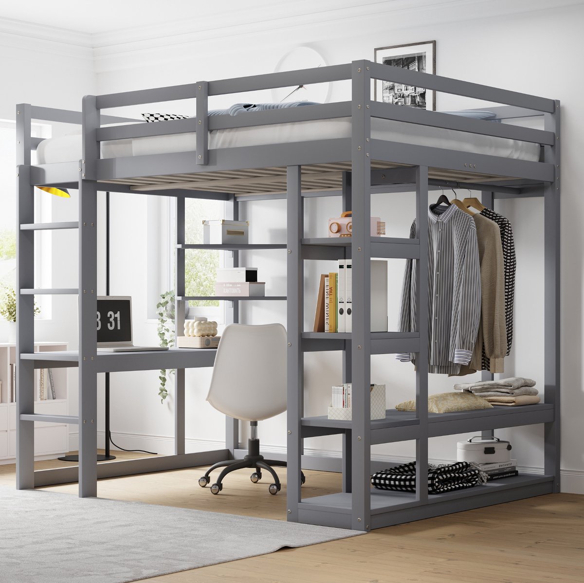 COVREO Hoogslaper 140x200 cm grijs hout, met bureau en opbergruimte