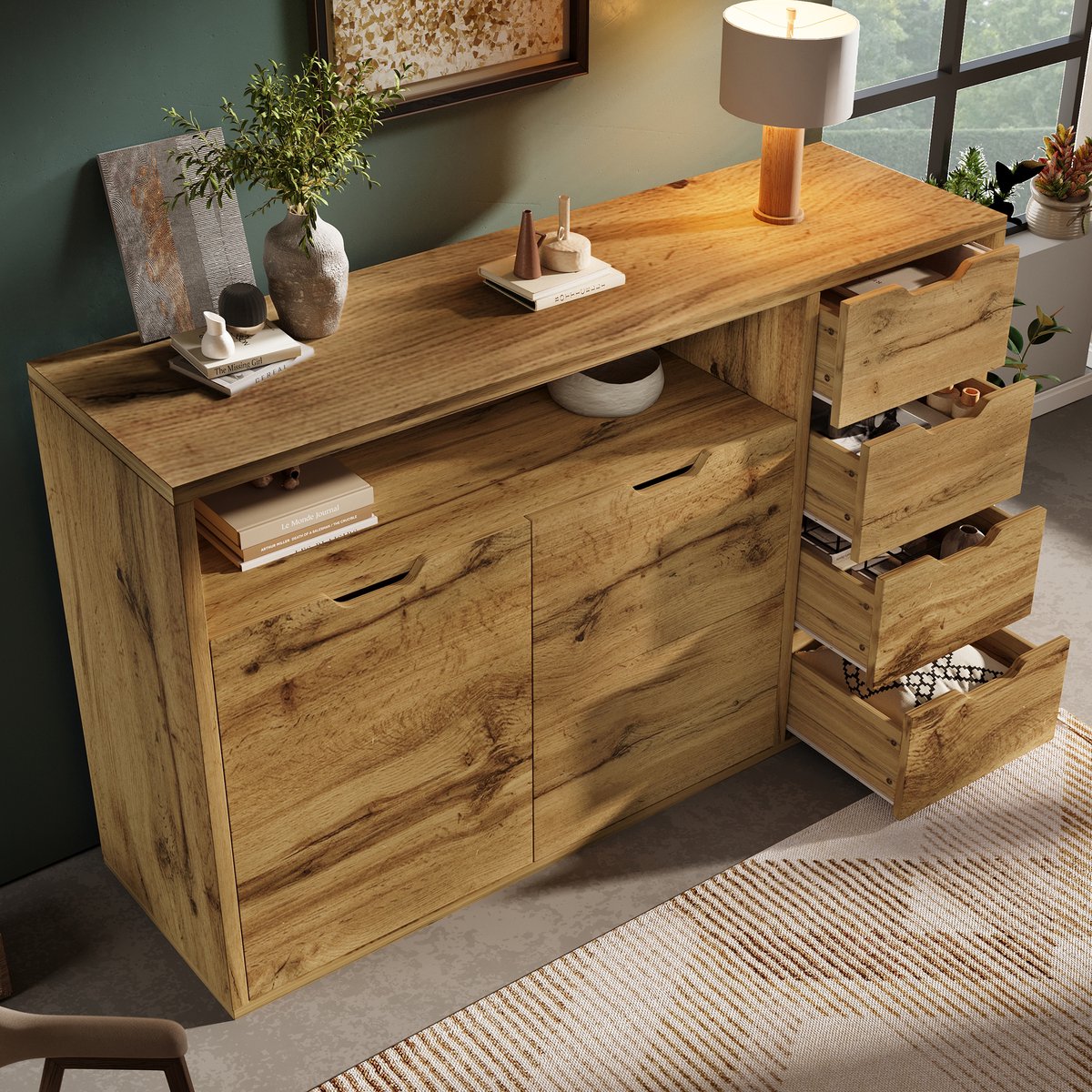 COVREO Dressoir 150x40x90 cm eikenkleur, MDF en metaal, 4 lades