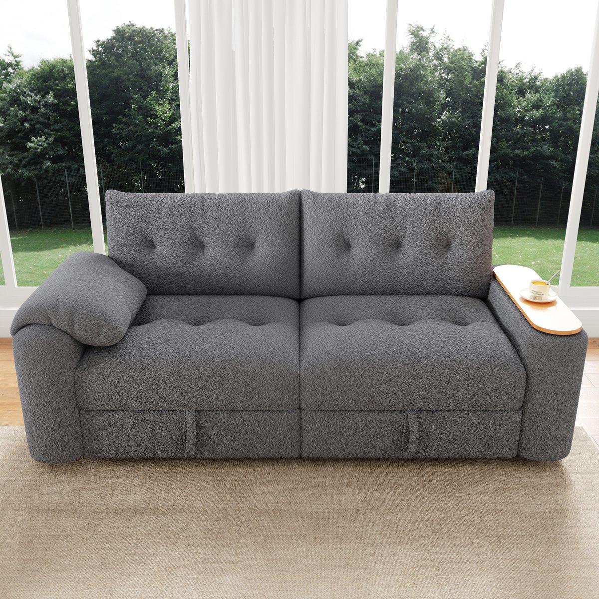 COVREO Slaapbank 207,5 x 80 x 87 cm grijs pluche stof, met opbergruimte