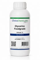 Witte fles van 1L Glycerine Foodgrade van OnlineChemialiën met etiket, QR-code en barcode.