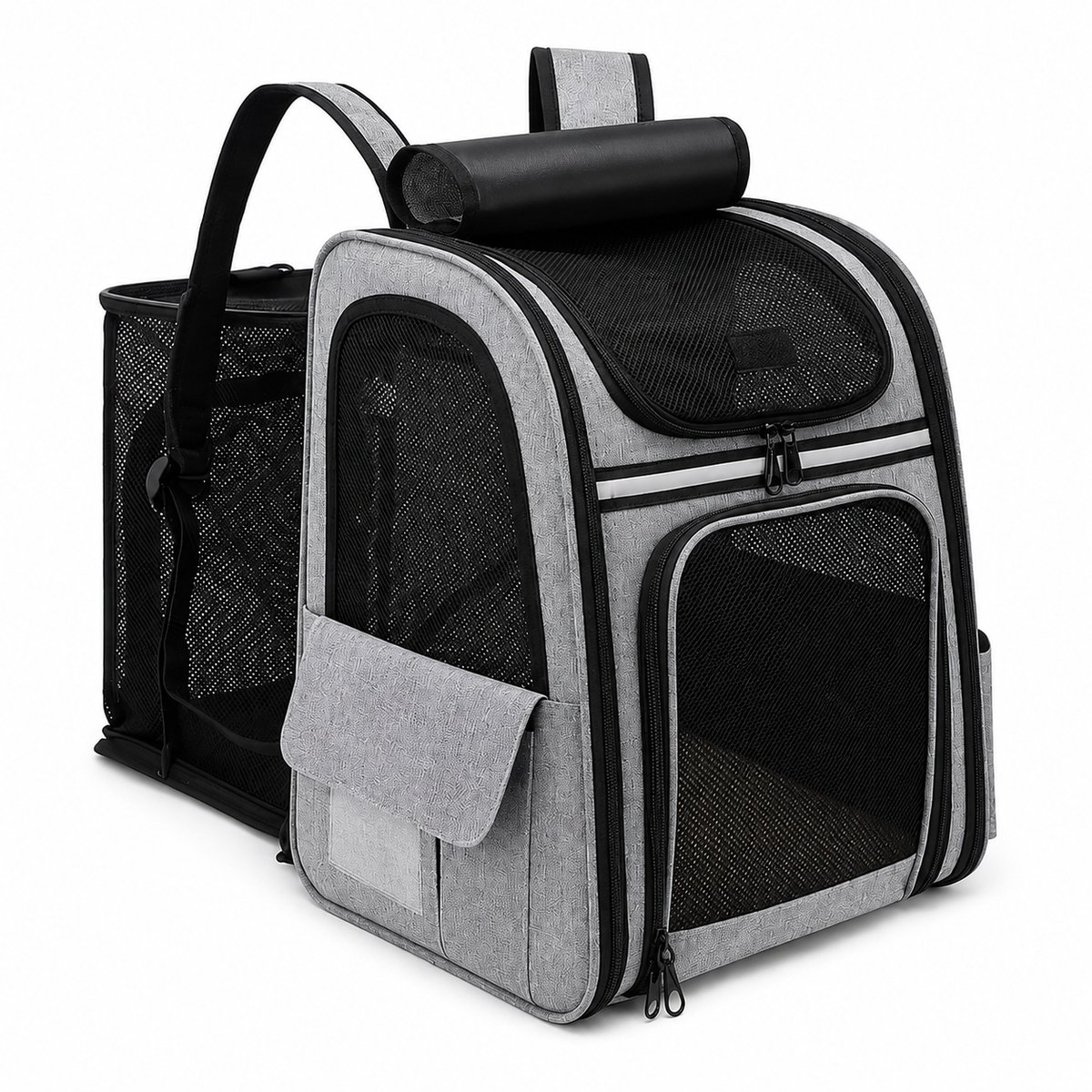 DPLUNIQ Rugzak - Hondenrugzak - Draagzak - Hondentas - Katten - Gaasvenster - Opvouwbaar - Zijzakken - 34×41×28cm - Grijs
