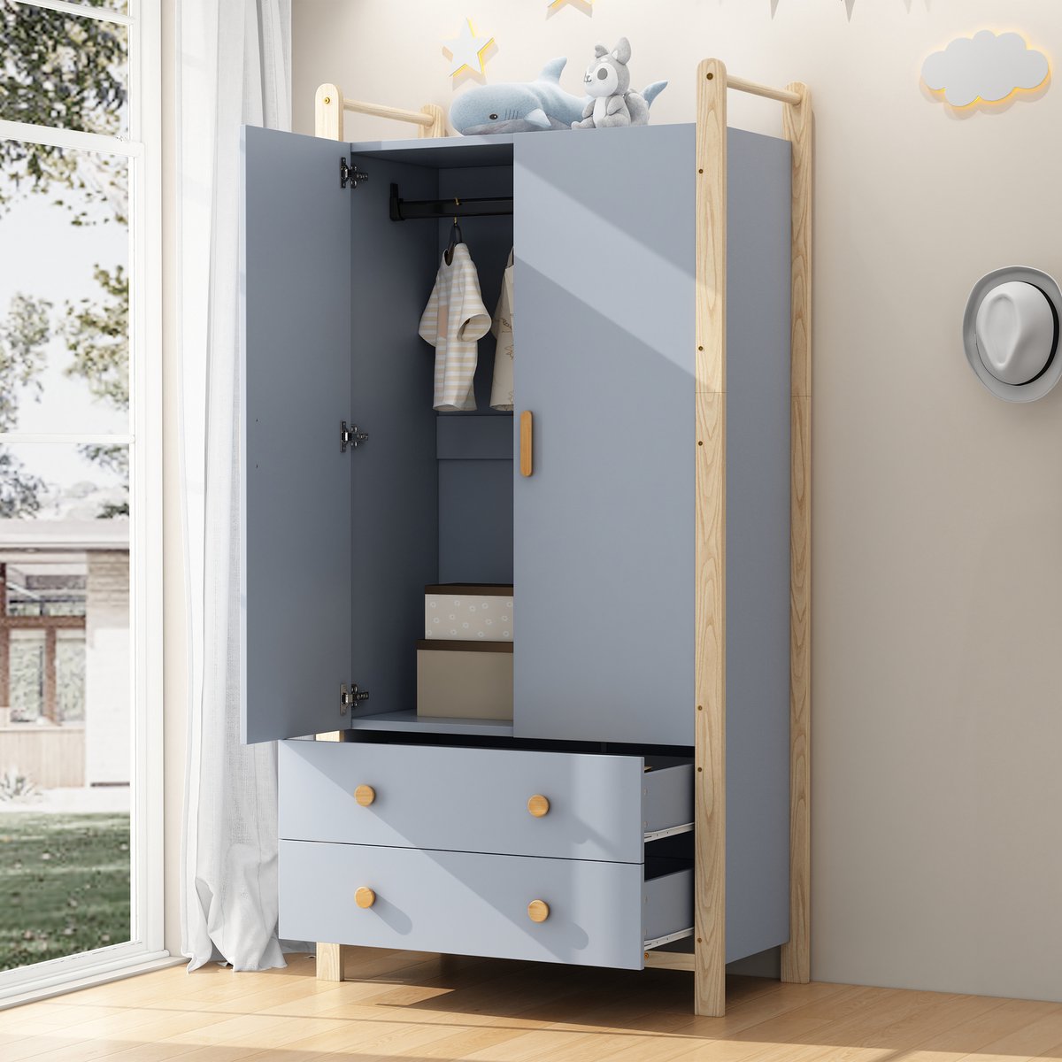 COVREO Kledingkast 90x45x180 cm, Blauw en Naturel, 2 Deuren en 2 Lades, Ophangstang, Bovenopbergvlak, Spaanplaat en Grenenhout, voor Slaapkamer en Kinderkamer
