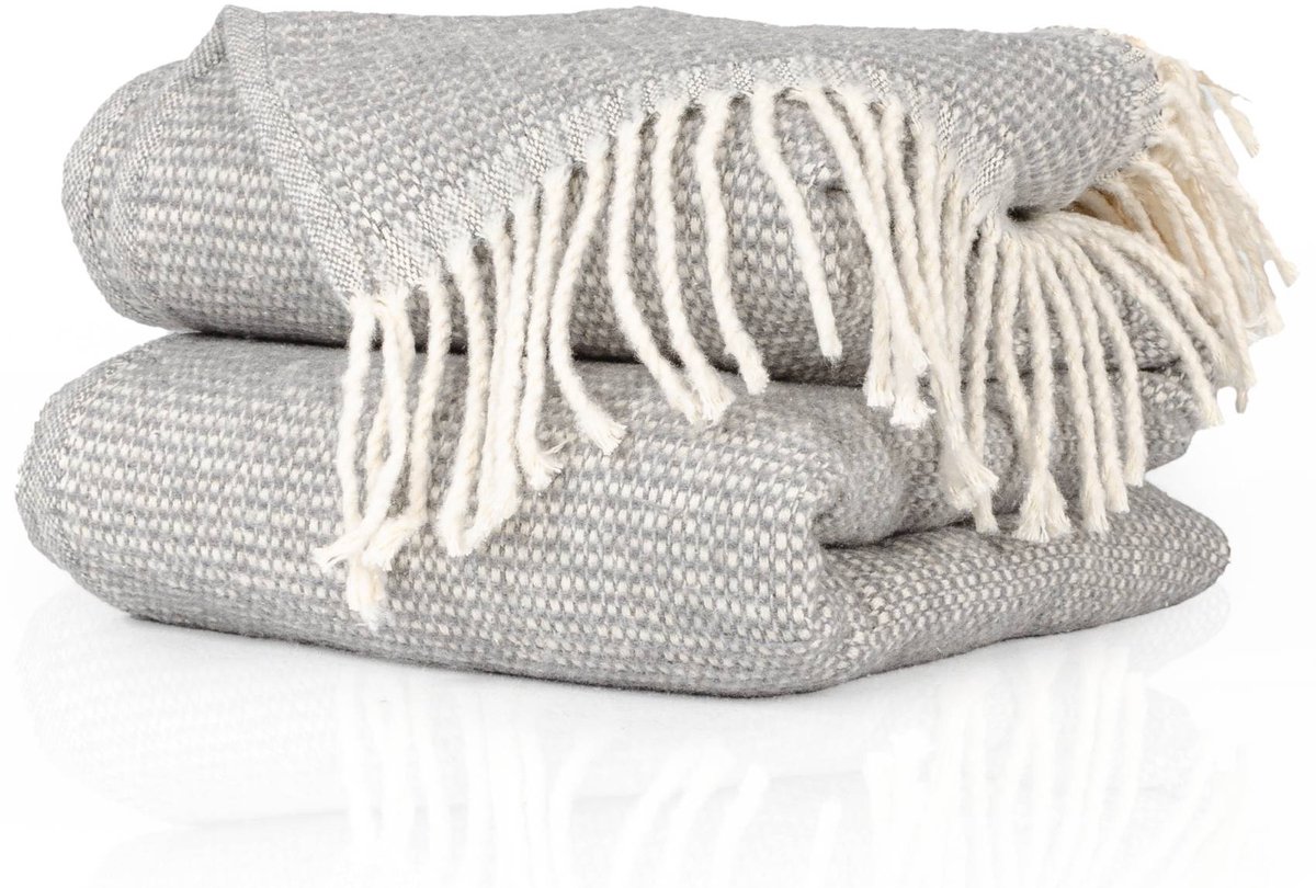 ANRO Emma Plaid Grijs 130x160 cm - Katoenmix - Met franjes