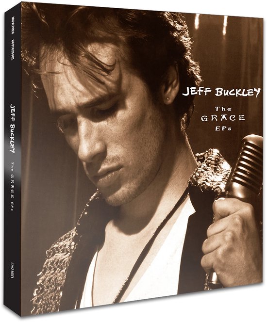 Sepia portret van Jeff Buckley met microfoon, "The GRACE EPs"