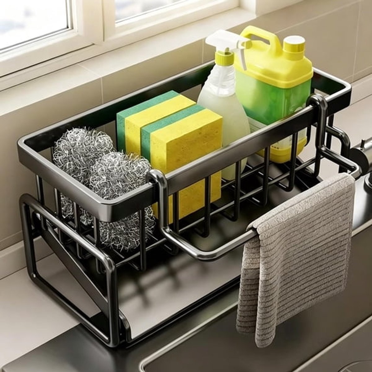 Ulisem - Gootsteen Opbergrek Met Schuin Lekbak - 23*11*9 cm - Van ABS Kunststof - Roestbestendig - Sponshouder En Theedoekhouder - Multifunctioneel Keuken Opbergrek - Voor Aanrecht Gootsteen Badkamer - Ruimtebesparend - Eenvoudig Te Reinigen - Zwart