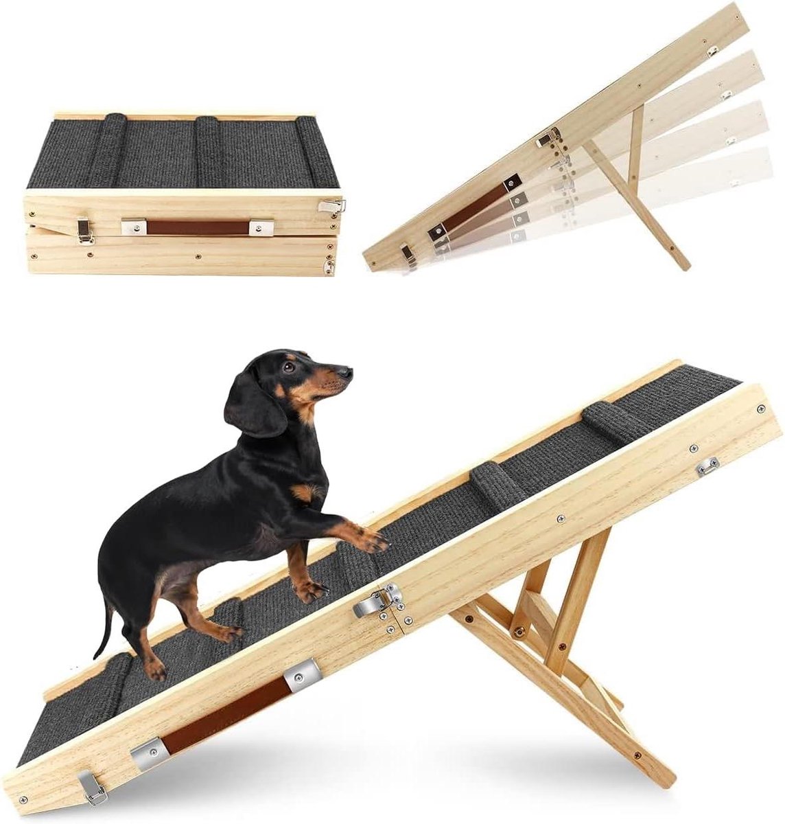 Honden Trappetje - Honden Opstapje - Veilig Klimmen - Opvouwbaar en Verstelbaar - 25-48 cm Hoog - Houtkleurig