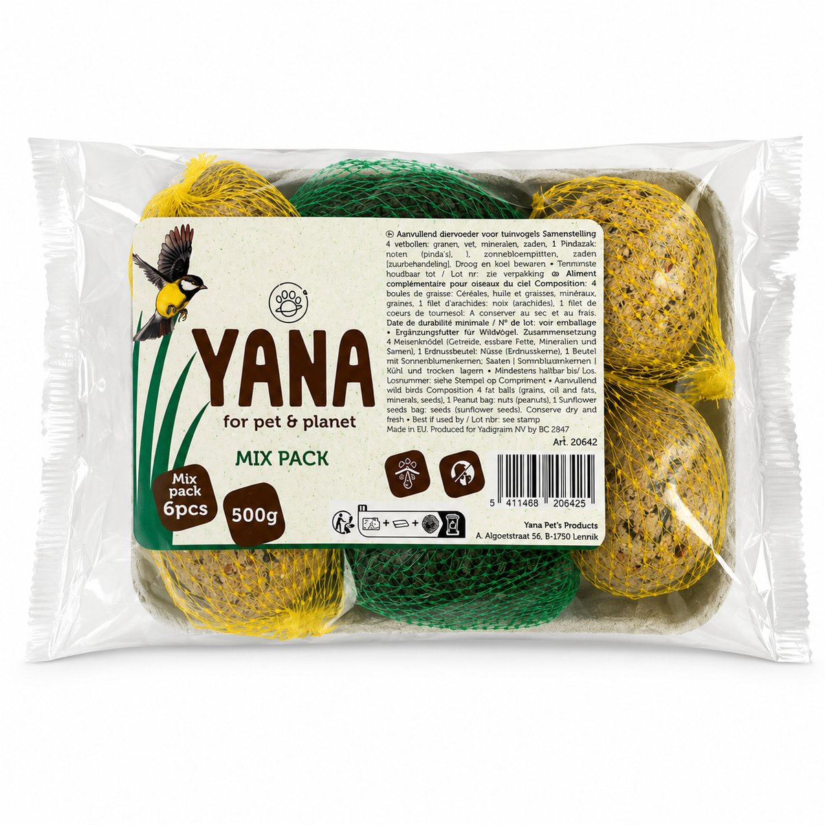 Vogelvoer - Vetbollen en Zaden Mix Pack – 4 x 6 stuks (500 gram) - Yana