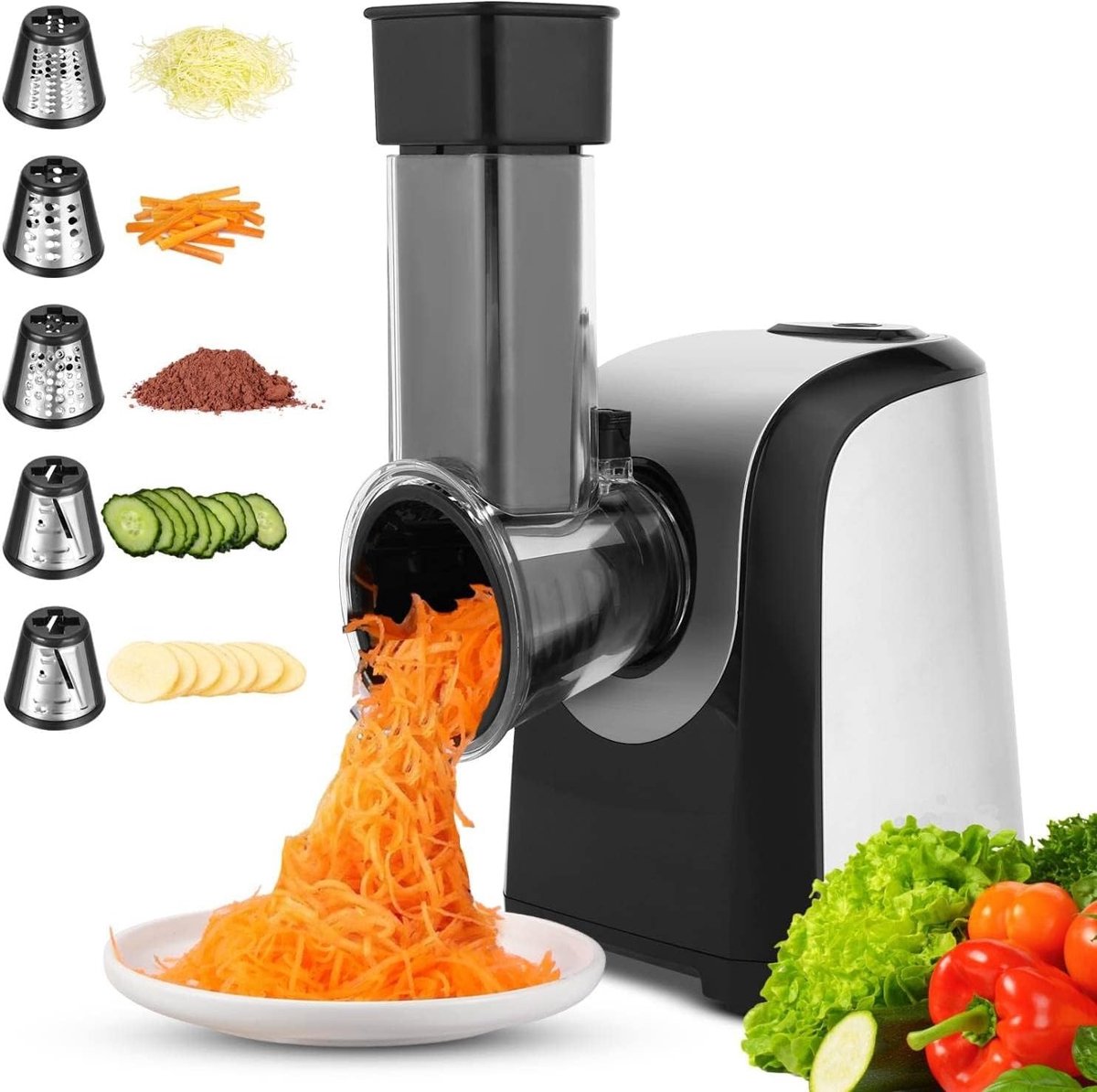 COOCHEER Elektrische groentesnijder, 5-in-1, 150 W elektrische rasp, groentesnijder, multifunctioneel voor groenten, fruit en kaas
