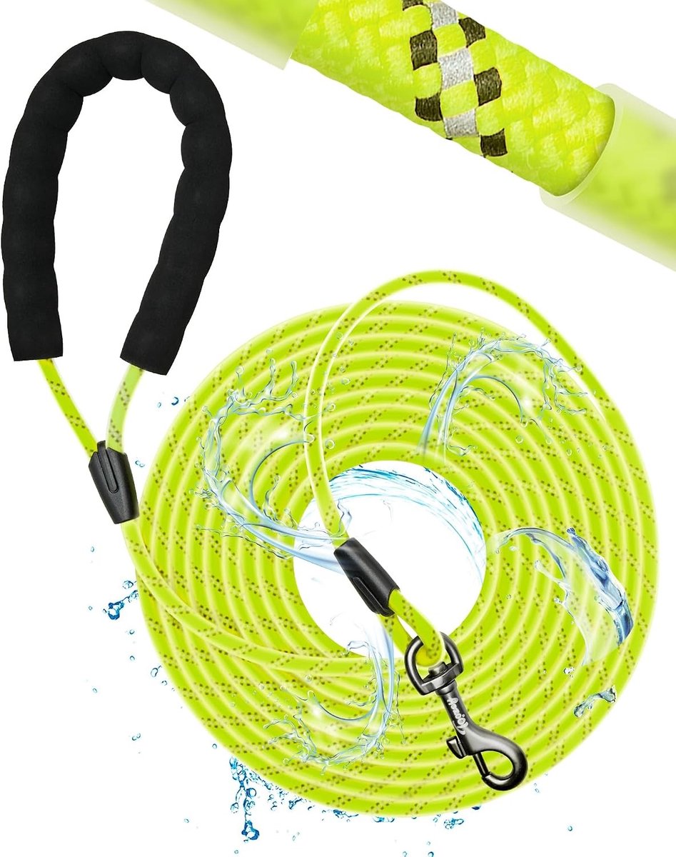 Looplijn voor honden - Neongeel - 15 m - Waterdichte Sleeplijn met Ergonomische Handgreep - Voor Kleine, Middelgrote en Grote Honden