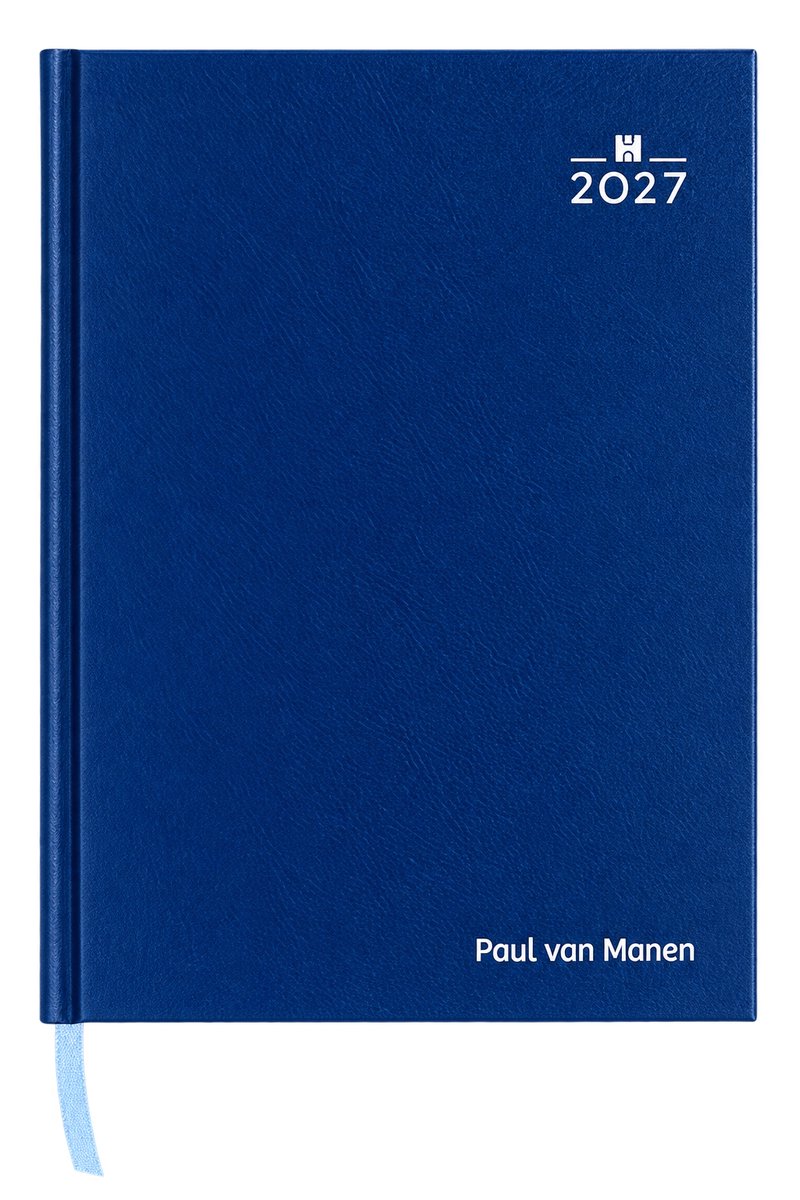 Bureau week agenda 2027 met (naam)opdruk - 1 week per 2 pagina's kolom indeling - formaat A5 - Nederlandstalig - Made in Italy - hardcover omslag blauw - bedrukt met naam of logo