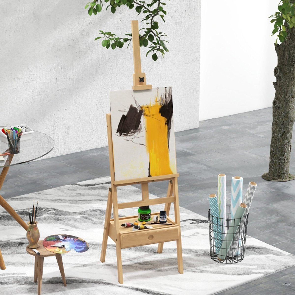 COVREO Schildersezel 43 x 43,5 x 190 cm naturel hout, verstelbaar en inklapbaar