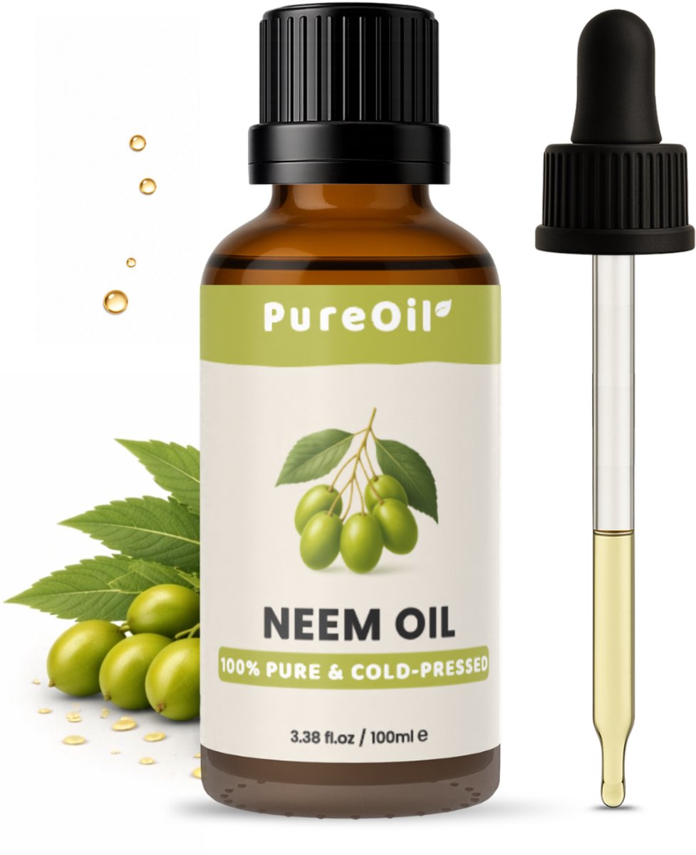 PureOil - Neemolie - 100ml - 100% Puur & Vegan - Koudgeperst - Voor Haar | Huid | Gezicht | Scalp | Nagels - Hydraterend - Anti Aging - Neem Olie Voor Planten - Voor Acne Haargroei