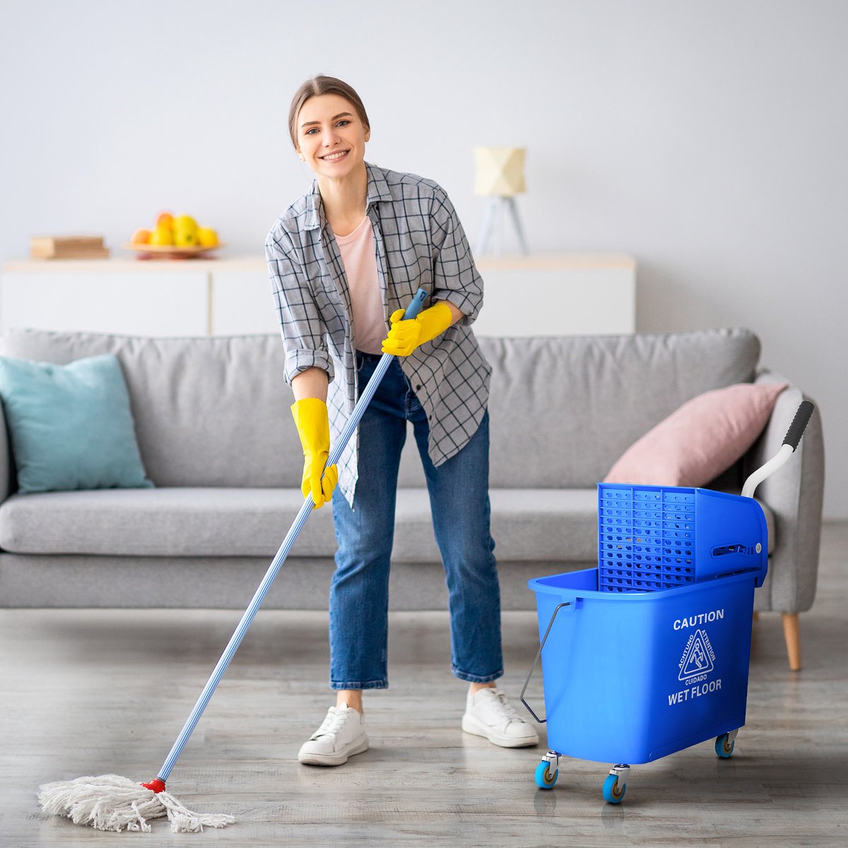 COVREO Reinigingswagen 20 L blauw plastic, met wringer en wielen