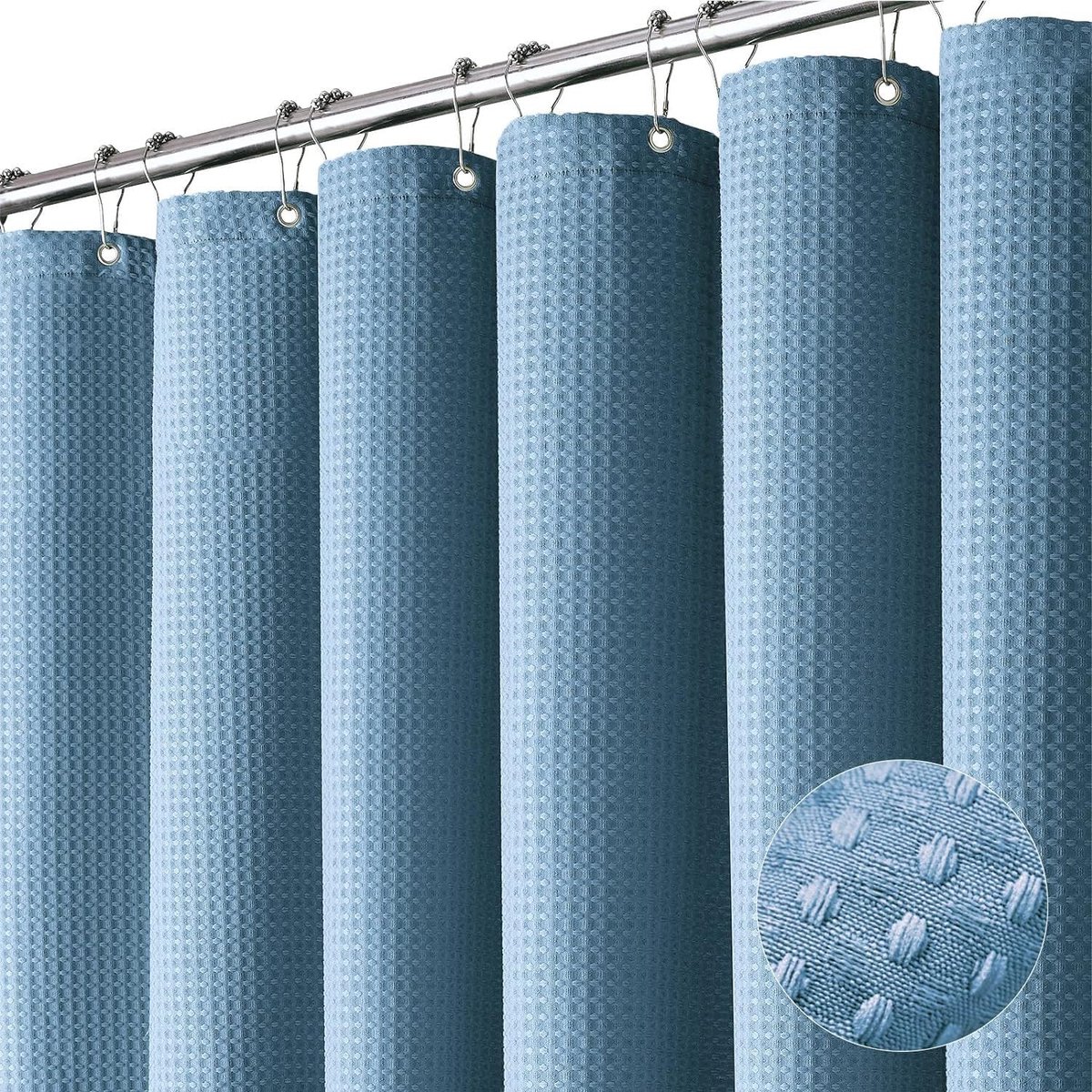 Douchegordijn - Blauw Wafelstructuur Zwaar Stoffen Badkamergordijn - Met Ringetjes en 12 RVS Haken - Formaat 180x180 cm - Blauwe Kleur