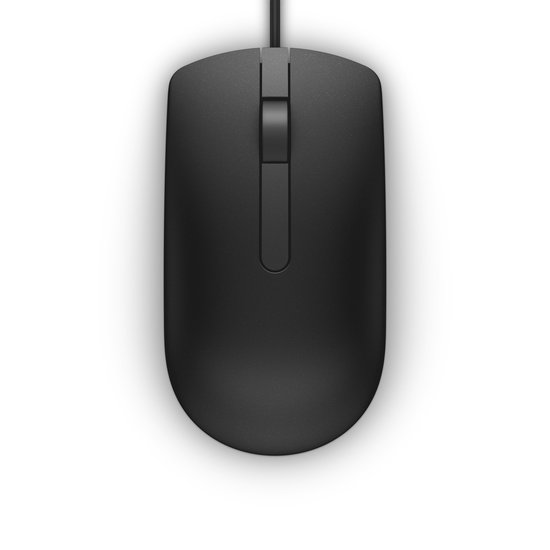 Souris optique Dell noire filaire, vue de dessus, avec molette.