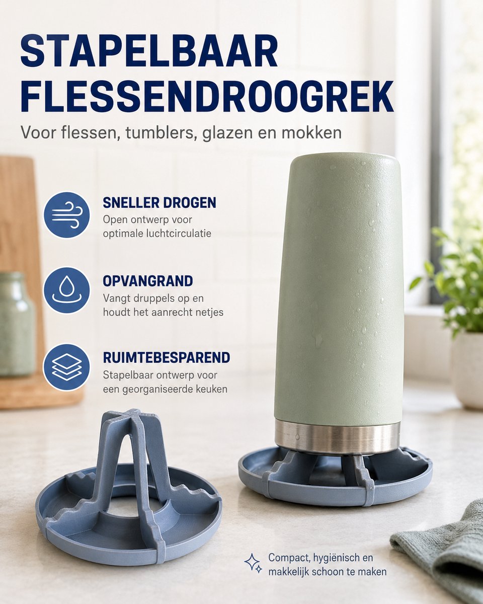 Skushy Flessendroogrek Stapelbaar – Afdruiprek voor Flessen, Tumblers, Mokken, Glazen & Drinkbekers – Aanrecht Organizer voor Keuken, Huishouden, Babyflessen, Drinkflessen & Thermosbekers – Ruimtebesparend Droogrek van PLA – Grijs/Blauw – 2 stuks!