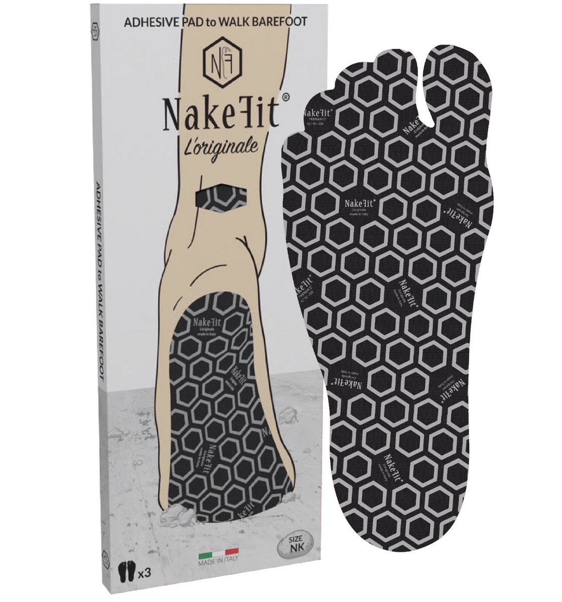 NakeFit L’ORIGINALE Hypoallergene Zelfklevende Voetzolen 3 Paar Kindermaat 31-32 NK3 Barefoot Looppads voor Strand Zwembad en Buitenactiviteiten Zwart