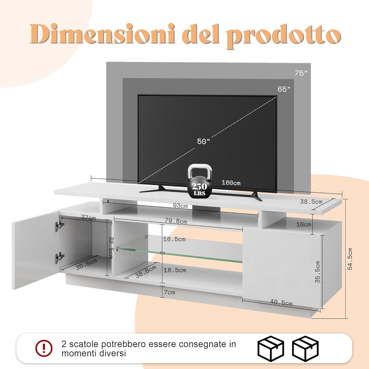TV meubel 160 cm hoogglans wit met LED RGB verlichting – TV kast geschikt voor 75 inch televisie – modern TV lowboard met 2 deuren, verstelbare glazen plank, opbergruimte en app/afstandsbediening bediening