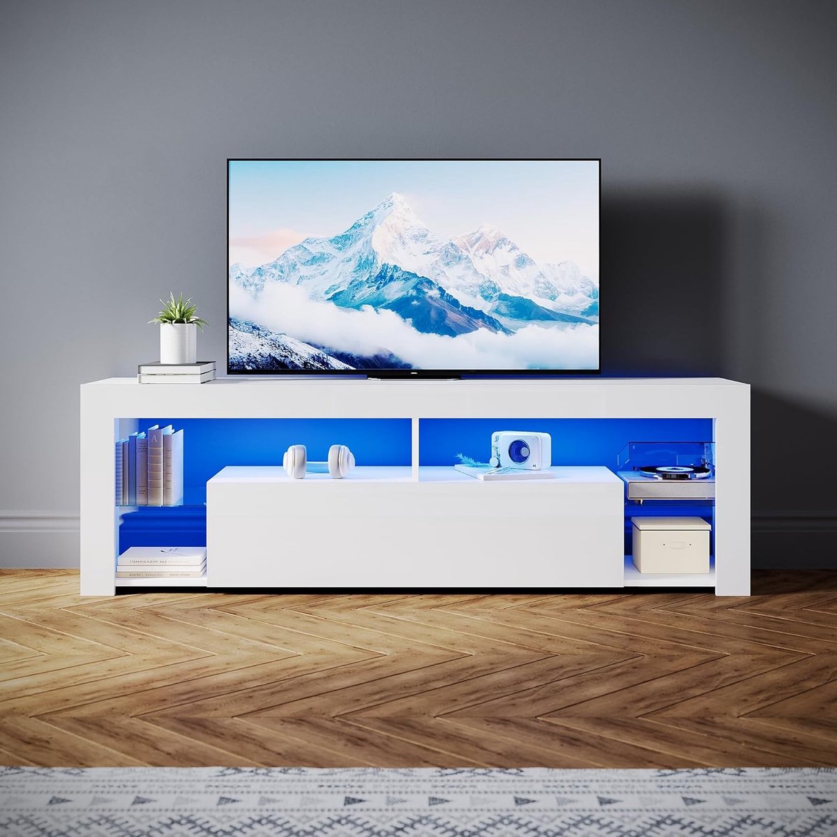 TV-meubel 160 cm Hoogglans Wit met LED Verlichting 16 Kleuren – House&Garden Modern Lowboard TV Kast met Lade, Glazen Planken en Kabelmanagement – Geschikt voor TV tot 65 inch – 160 x 35 x 50,5 cm – Woonkamer & Slaapkamer Design Meubel
