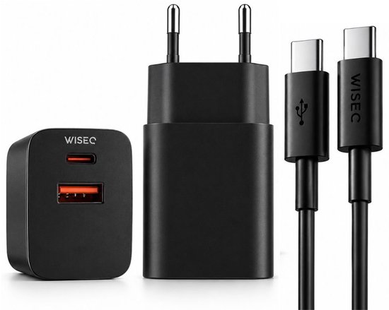 Zwarte WiseQ dubbele snellader met USB-A en USB-C poorten, een Europese stekker en een USB-C naar USB-C kabel.