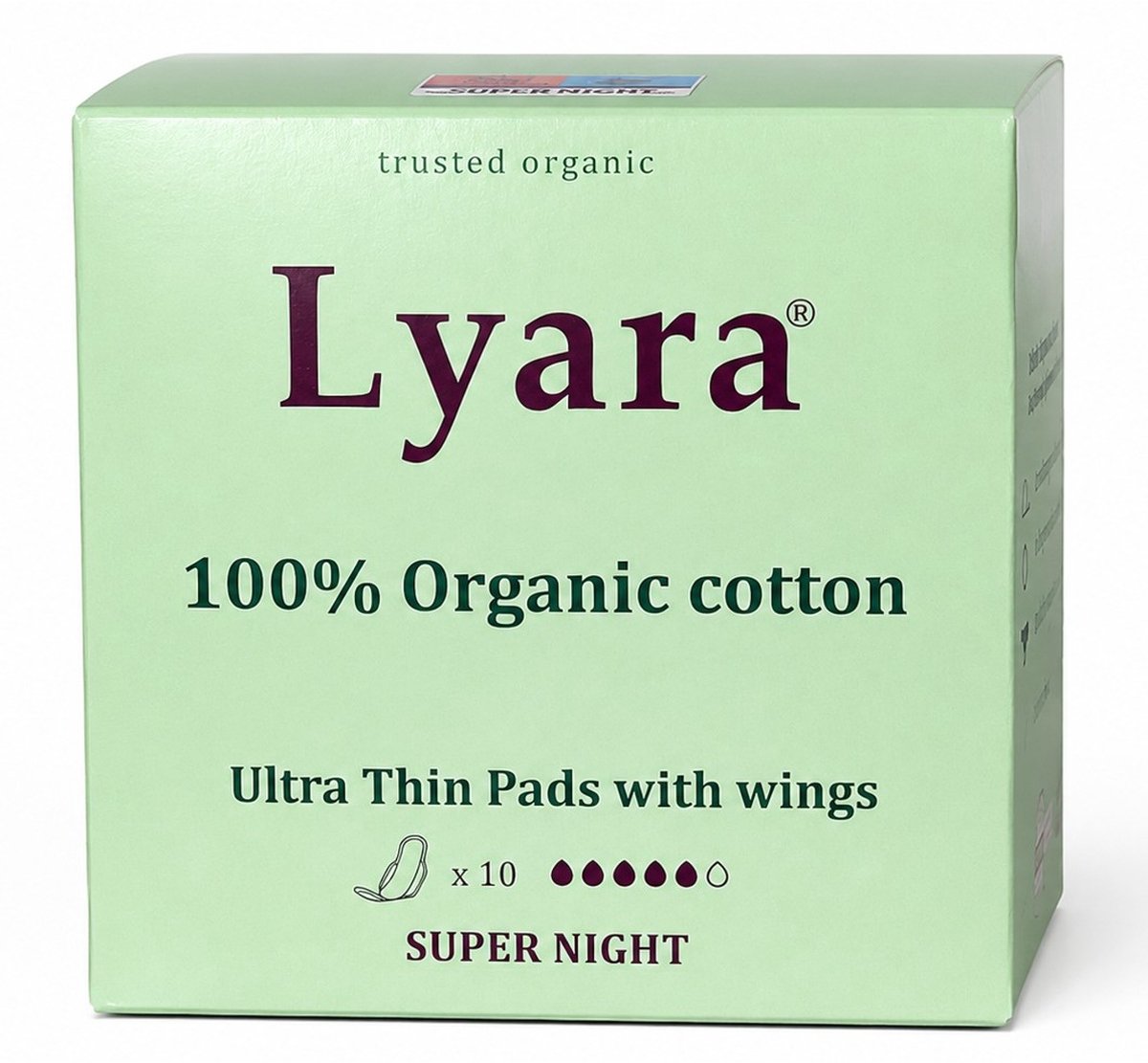 Lyara Biologisch Maandverband 100% Katoen – Ultra Dun met Vleugels – Super Night – 10 Stuks