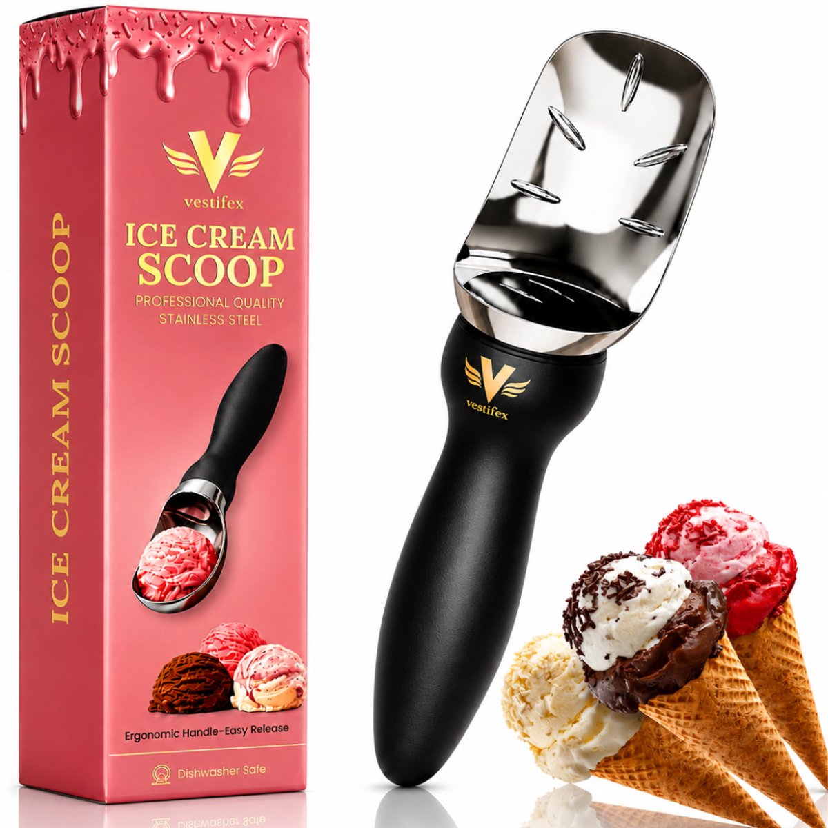 Vestifex® Professionele Ijslepel - Ijsschep & Dessertlepels - Ijsboltang & Sorbetlepel - RVS Ijsschepper