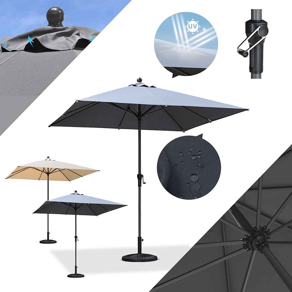 PURPLE LEAF vierkante parasol — parasol met centrale paal, geschikt voor het balkon of terras — 300 × 300 cm — grijs — UV50+
