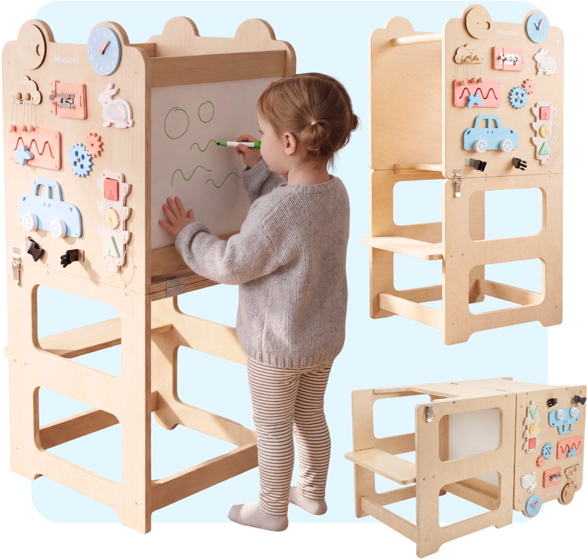 Mauzek® Leertoren 4-in-1 Inklapbaar - Montessori Leertoren - Inc 10-delig Activiteitenbord en Tekenbord - Learning Tower - Keukentoren - Kindertrap - Kinder trapje - Keukenhulp - Speeltafel