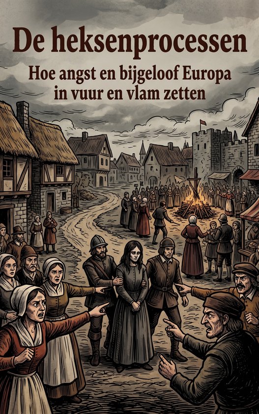 La couverture du livre 'De heksenprocessen'. Montre une place de village avec une foule regardant une femme, potentiellement accusée de sorcellerie, être emmenée par des soldats. Un feu brûle au loin.