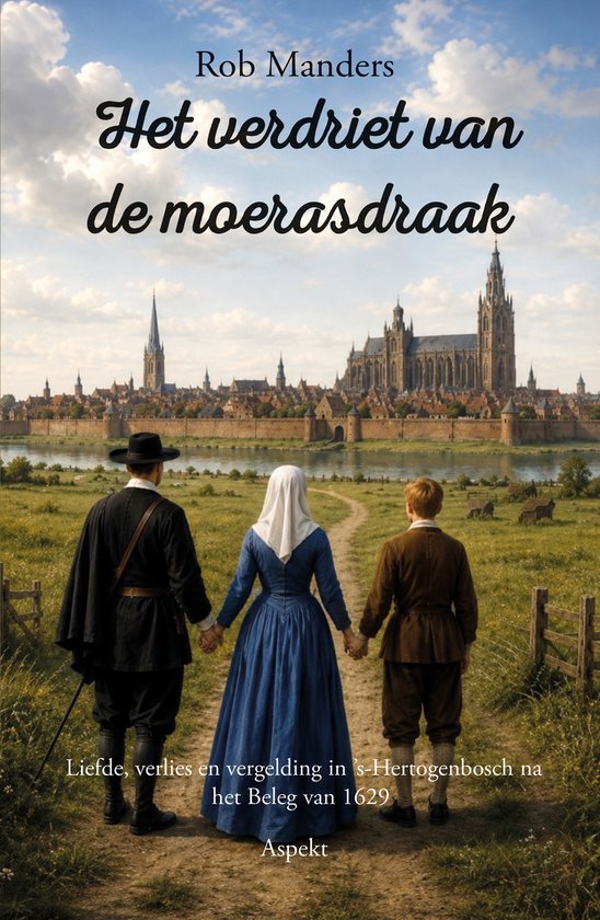 Drie personen in historische kleding, van achteren gezien, houden elkaars hand vast. Op de achtergrond een oude stad aan een rivier.